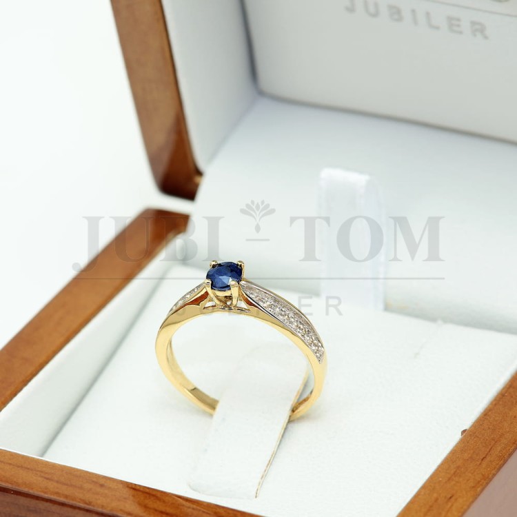 Pierścionek z cyrkoniami i szafirem złoto próby 585