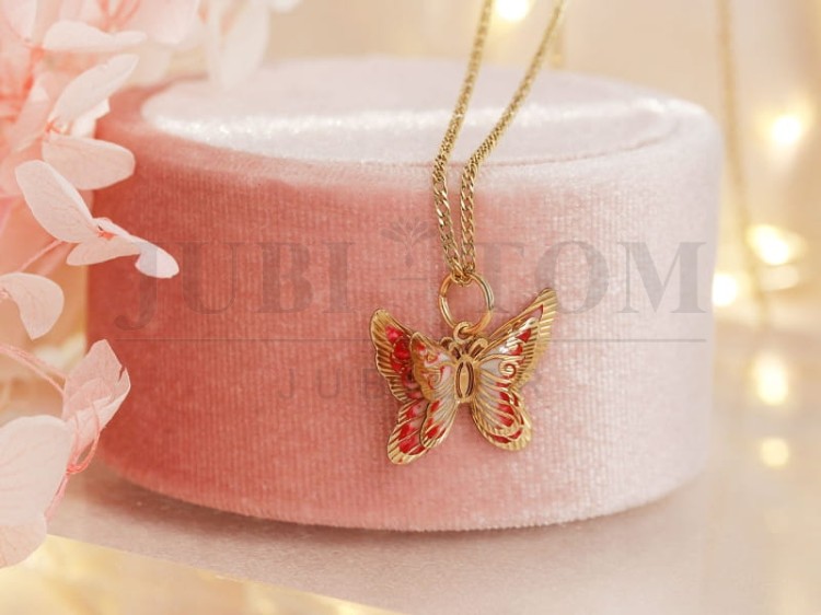 Wisiorek różowy motyl złoto p.585