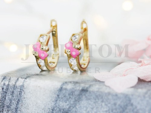 Śliczne złote kolczyki dziecięce różowe serduszka próba 585