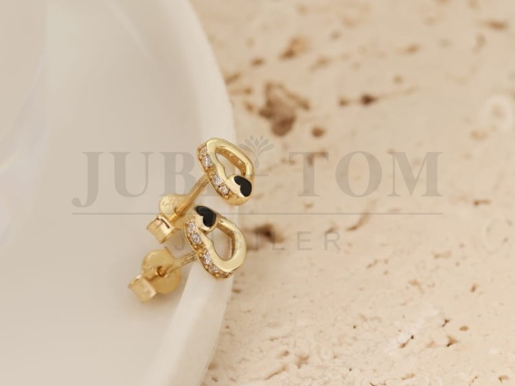 Kolczyki złote dwa serca z czarną cyrkonią