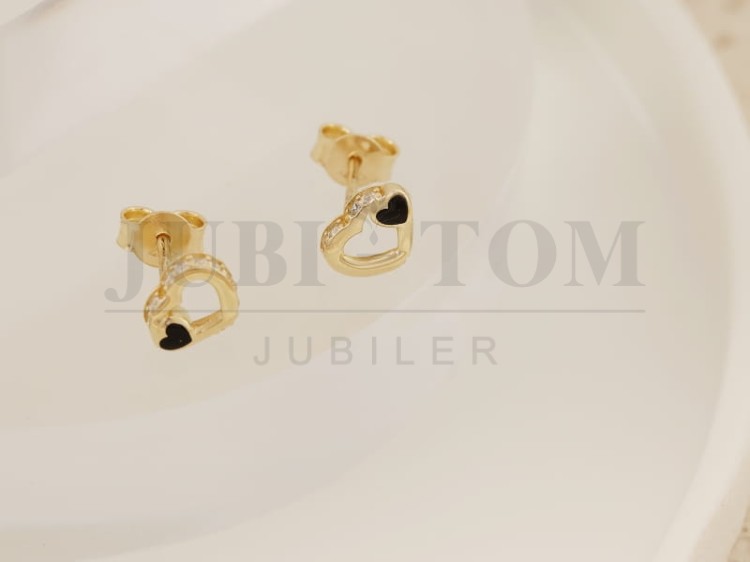 Kolczyki złote dwa serca z czarną cyrkonią