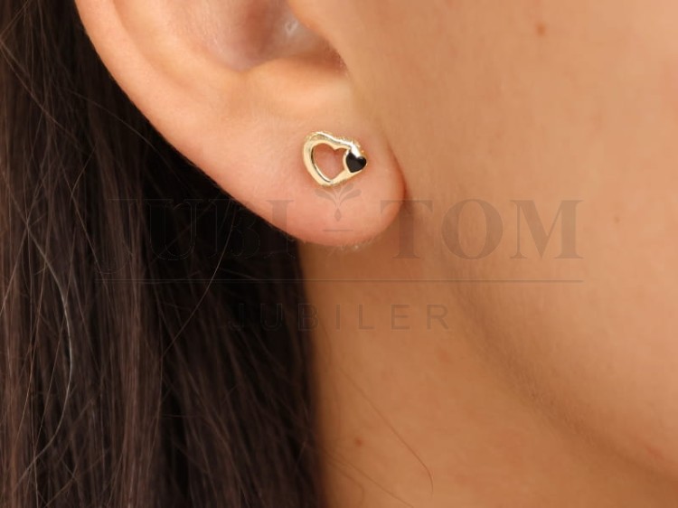 Kolczyki złote dwa serca z czarną cyrkonią