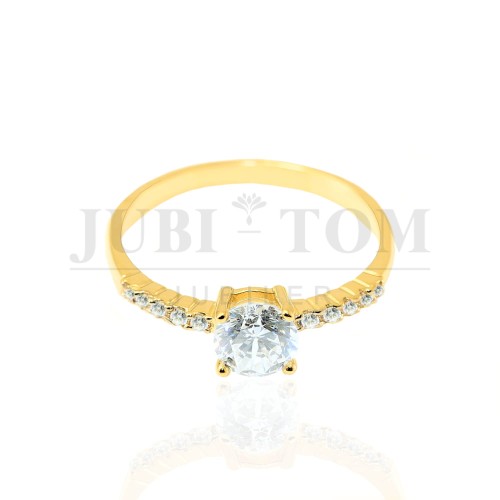 Pierścionek złoty z białą centralną cyrkonią i bocznymi białymi cyrkoniami