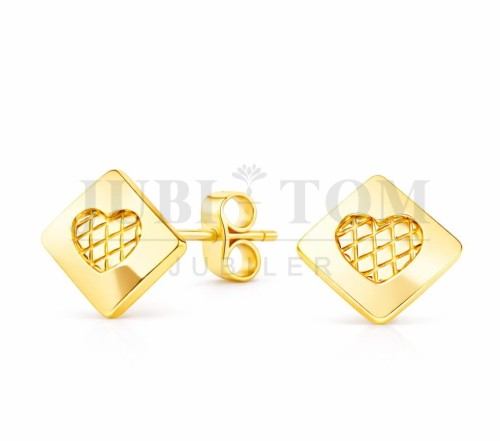 Kolczyki kwadrat z sercem diamentowane sztyft p.585