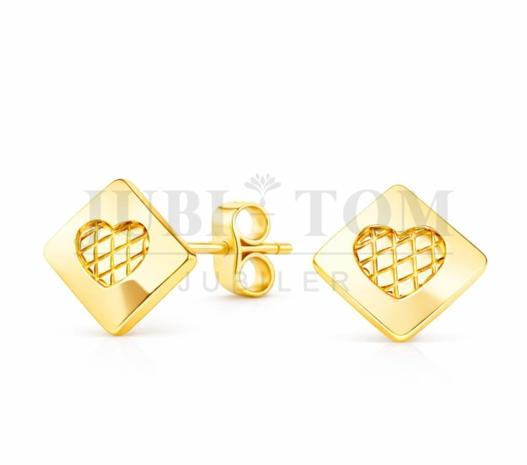 Kolczyki kwadrat z sercem diamentowane sztyft p.585