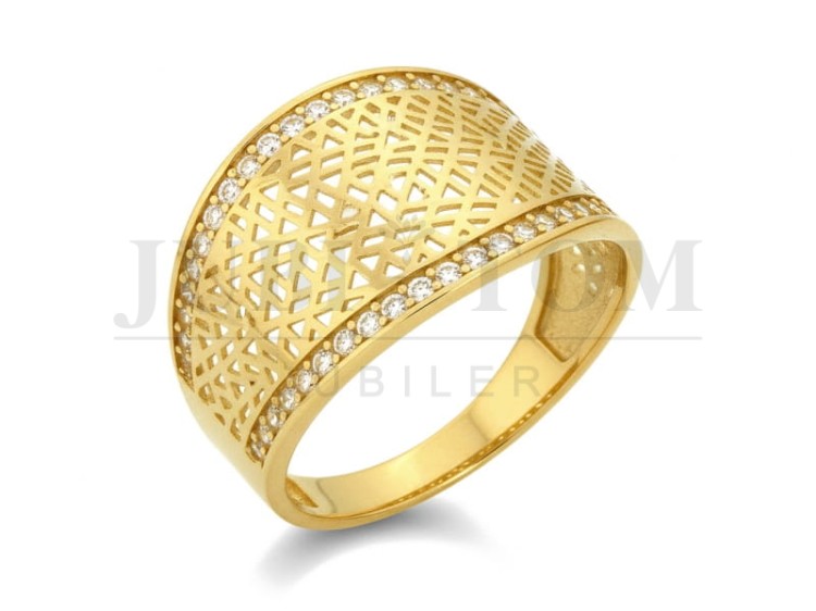 Szeroki ażurowy pierścionek  z cyrkoniami próba 585