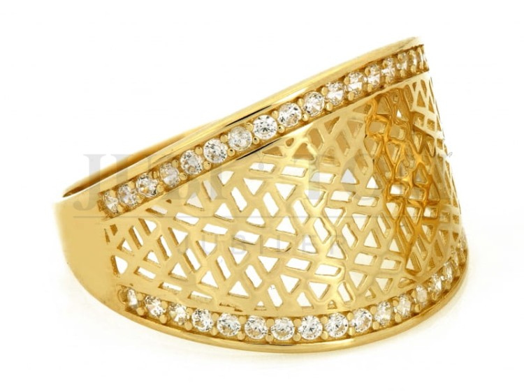 Szeroki ażurowy pierścionek  z cyrkoniami próba 585