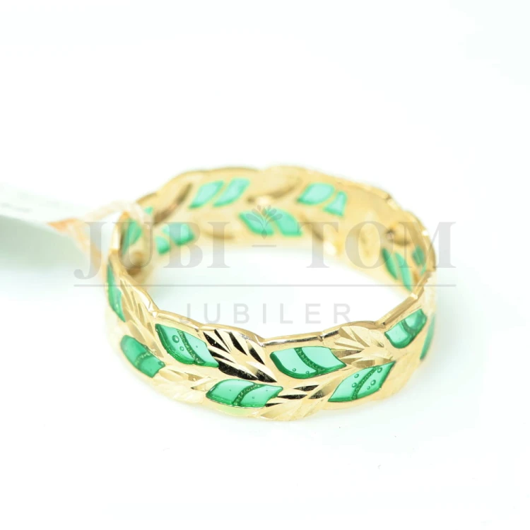Pierścionek liście z zieloną emalią a'la obrączka