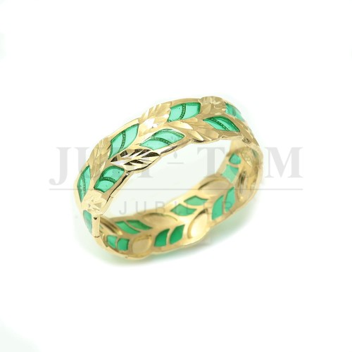 Pierścionek liście z zieloną emalią a'la obrączka