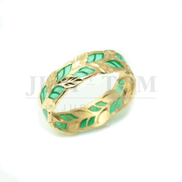 Pierścionek liście z zieloną emalią a'la obrączka