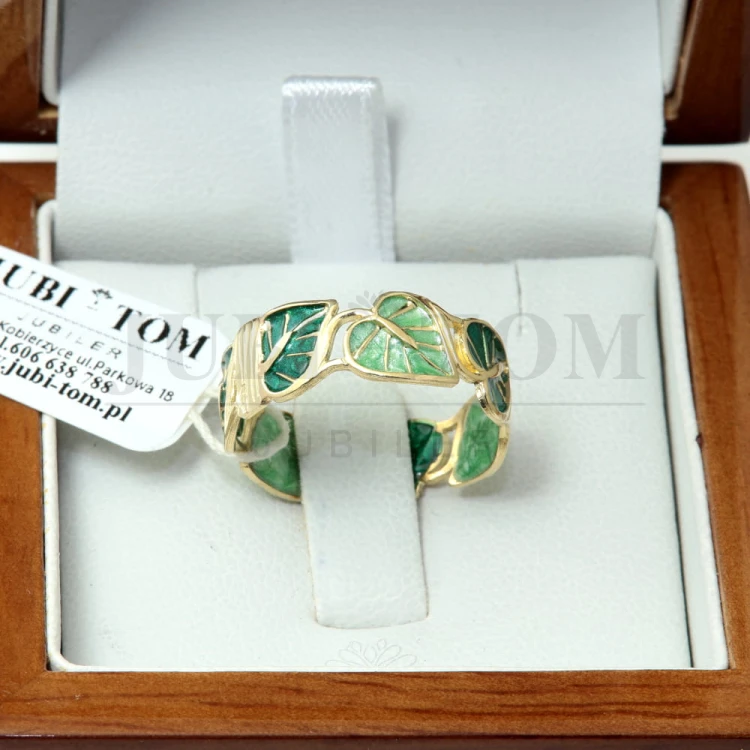 Pierścionek liście monstera z zieloną emalią -a'la obrączka