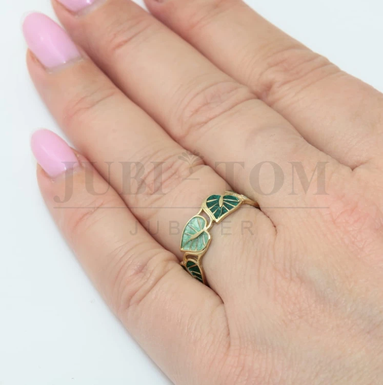 Pierścionek liście monstera z zieloną emalią -a'la obrączka