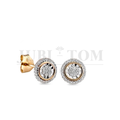 Złote kolczyki na sztyft rozety z diamentami 0,16 ct – próba 585