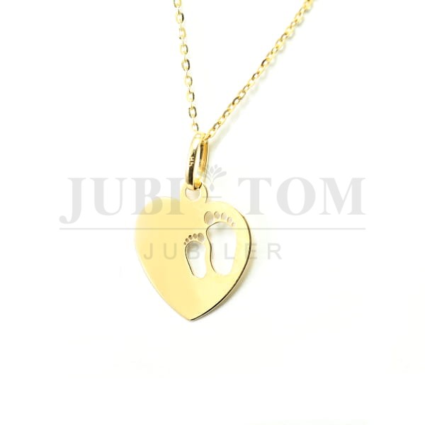 Wisiorek, złota zawieszka serce z wyciętymi stópkami